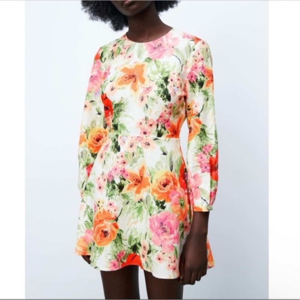 ZARA The Naya Floral Print Open‎ Back Mini Dress Sz Small Linen Blend Coquette